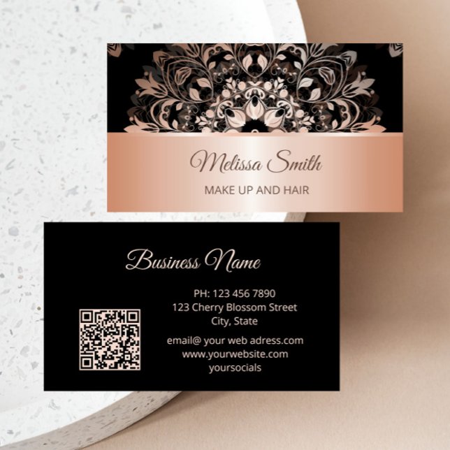 Rose Gold Black Floral Mandala Make Up And Hair Business Card (Creator Uploaded)