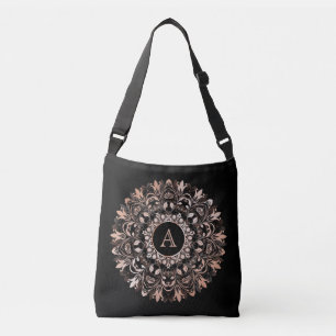 Rose Gold Black Floral Mandala Monogram Crossbody Bag