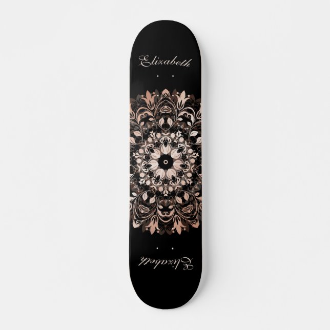 Rose Gold Black Floral Mandala Monogram Skateboard (Front)