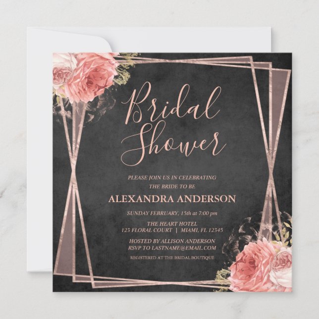 Rose Gold Black Floral Modern Bridal Shower Invitation (Front)