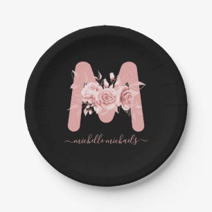 Rose Gold Black Floral Watercolor Monogram Paper Plate