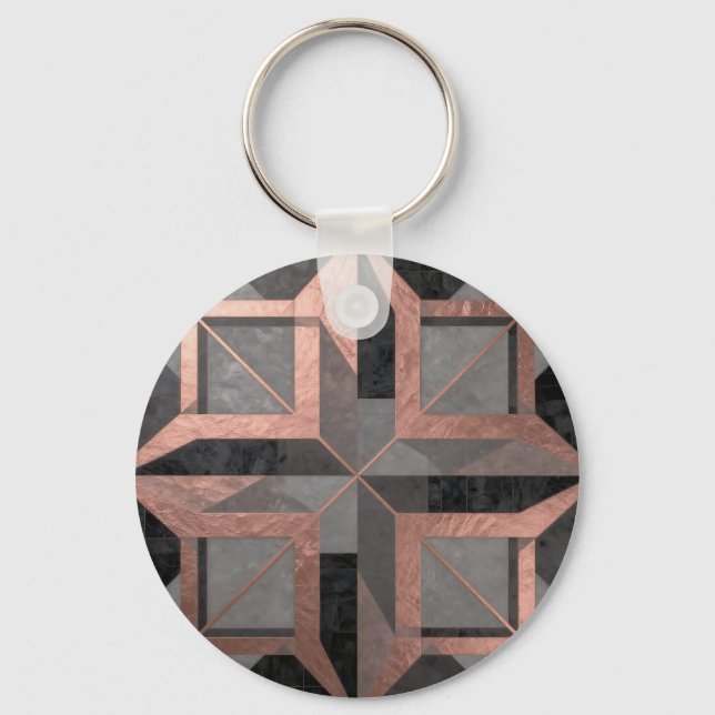 Rose Gold Black Geometric Marble Key Ring (Front)