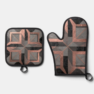 Rose Gold Black Geometric Marble Oven Mitt & Pot Holder Set
