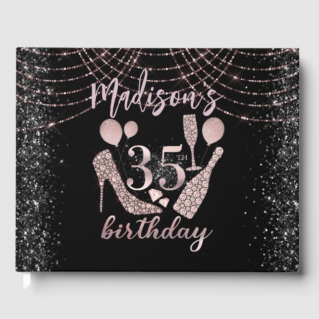 Rose Gold & Black Glitter 35th Birthday  Guest Book (Front)