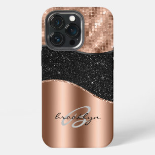 Rose Gold Black Glitter Bling Monogram Name iPhone 13 Pro Case