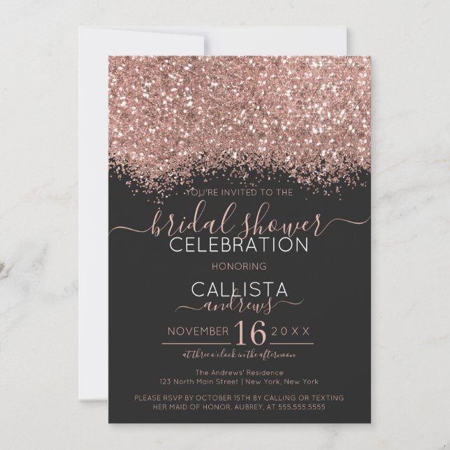Rose Gold Black Glitter Confetti Bridal Shower Invitation (Front)