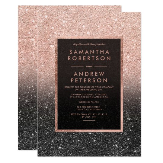 Rose gold black glitter frame ombre wedding card