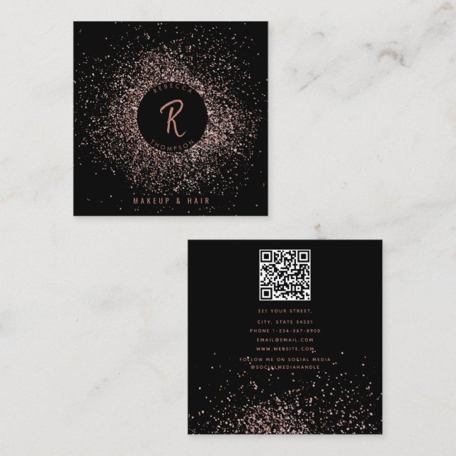Rose Gold Black Glitter Makeup Hair QR Code  Square Business Card (Front/Back)
