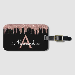 Rose Gold Black Glitter Sparkle Monogram Luggage Tag