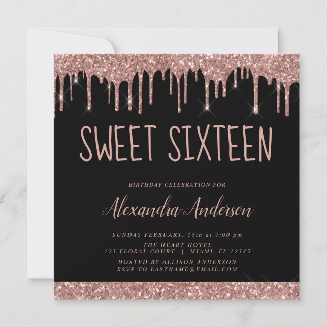 Rose Gold Black Glitter Sweet Sixteen Birthday Invitation (Front)