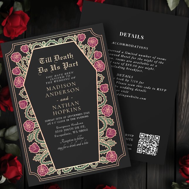 Rose Gold Black Gothic Coffin Wedding QR Code Invitation (Creator Uploaded)