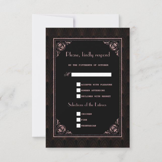 Rose Gold Black Great Gatsby Art Deco Wedding RSVP Card (Front)