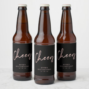 Rose Gold & Black Lettering Cheers Adult Birthday Beer Bottle Label