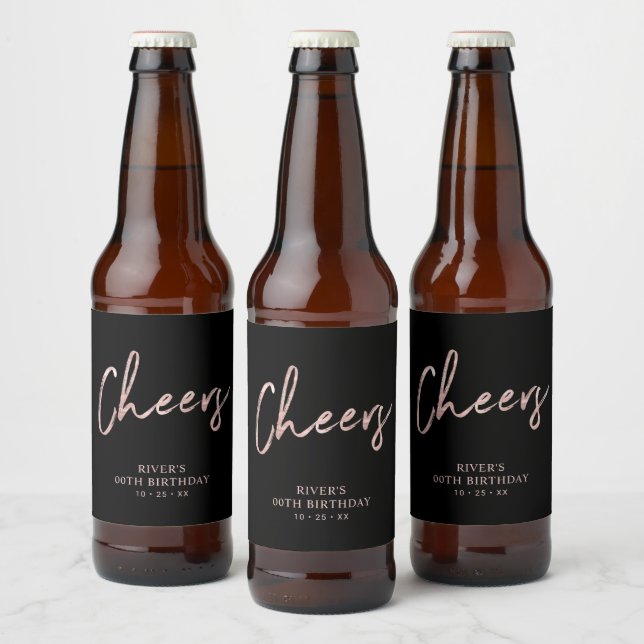 Rose Gold & Black Lettering Cheers Adult Birthday Beer Bottle Label (Bottles)