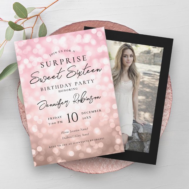 Rose Gold Black Lights Photo SURPRISE Sweet 16   Invitation (Rose Gold Black Lights Photo SURPRISE Sweet 16 Invitation)