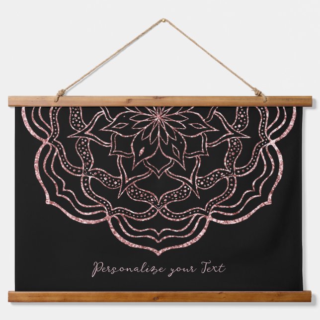  Rose Gold Black Mandala Trippy Psychedelic Hippie Hanging Tapestry (Front)
