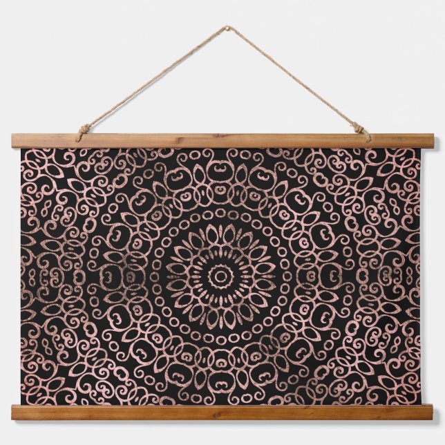  Rose Gold Black Mandala Trippy Psychedelic Hippie Hanging Tapestry (Front)