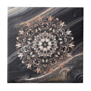 Rose Gold Black Marble Floral Mandala Ceramic Tile