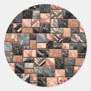 Rose Gold Black Marble Mosaic Classic Round Sticker