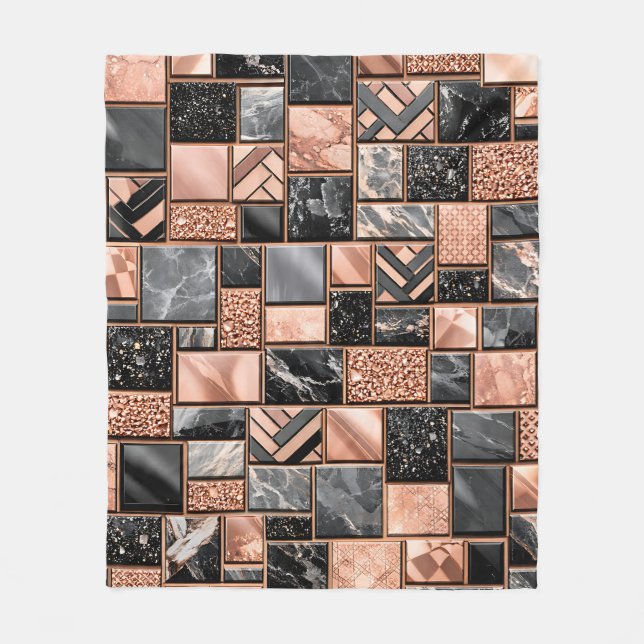 Rose Gold Black Marble Mosaic Fleece Blanket (Front)