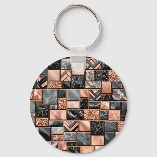 Rose Gold Black Marble Mosaic Key Ring (Front)