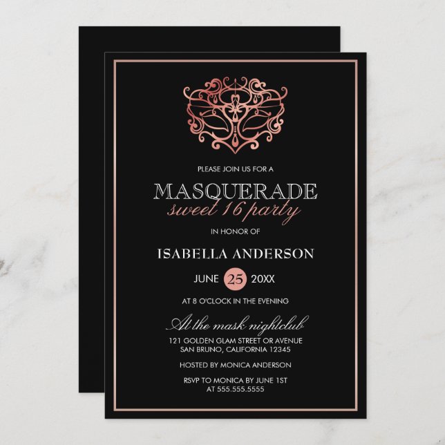Rose Gold & Black Masquerade Sweet 16 Typography Invitation (Front/Back)