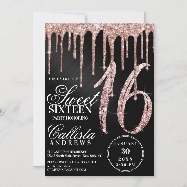 Rose Gold Black Metallic Glitter Drips Sweet 16 Invitation (Front)