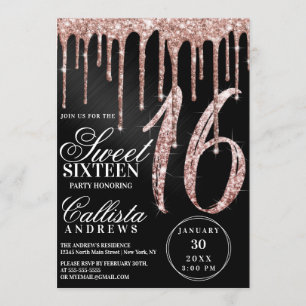 Rose Gold Black Metallic Glitter Drips Sweet 16 Invitation