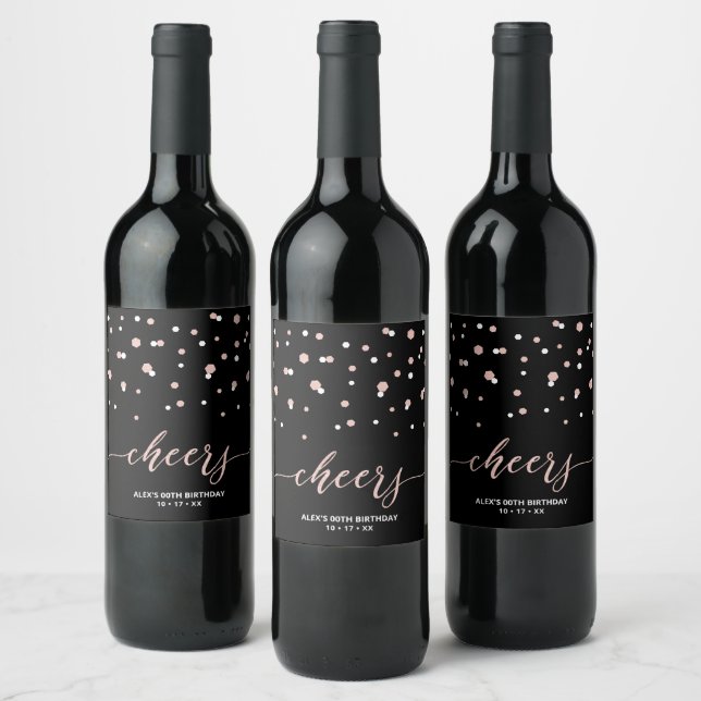 Rose gold & Black Modern Milestone Birthday Party  Wine Label (Bottles)