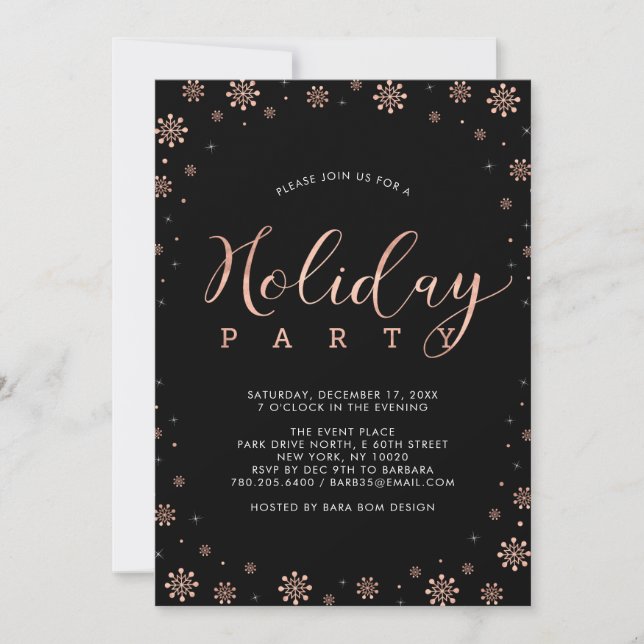 Rose Gold & Black Modern Snowflakes Holiday Party Invitation (Front)