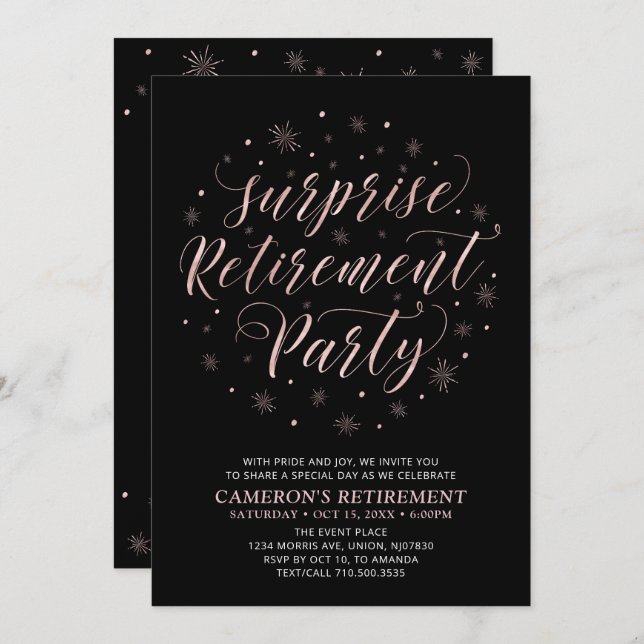 Rose gold & Black Modern Surprise Retirement Party Invitation (Front/Back)