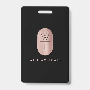 Rose Gold & Black Monogram Modern Minimalist ID Badge