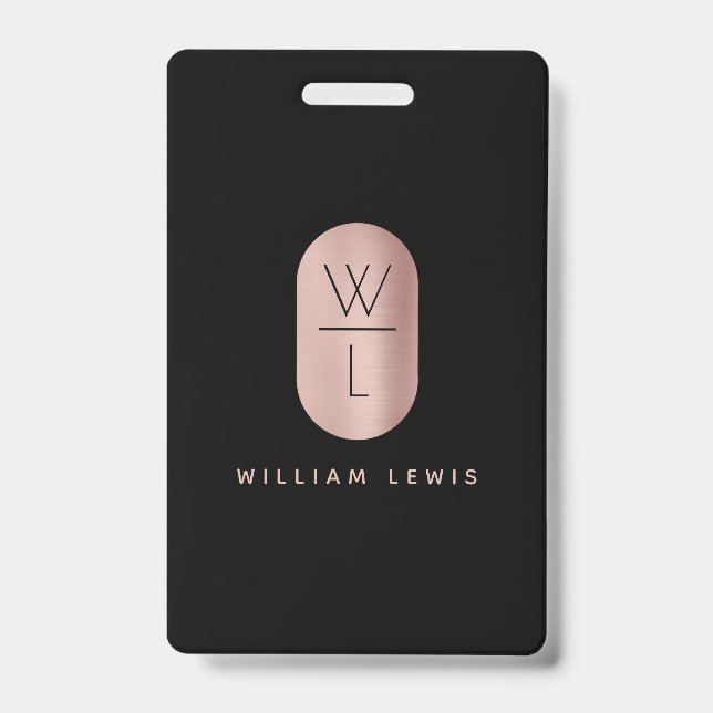 Rose Gold & Black Monogram Modern Minimalist  ID Badge (Front)