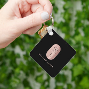 Rose Gold & Black Monogram Modern Minimalist Key Ring