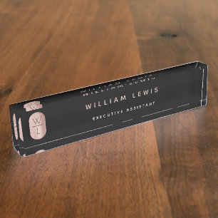 Rose Gold & Black Monogram Modern Minimalist  Nameplate