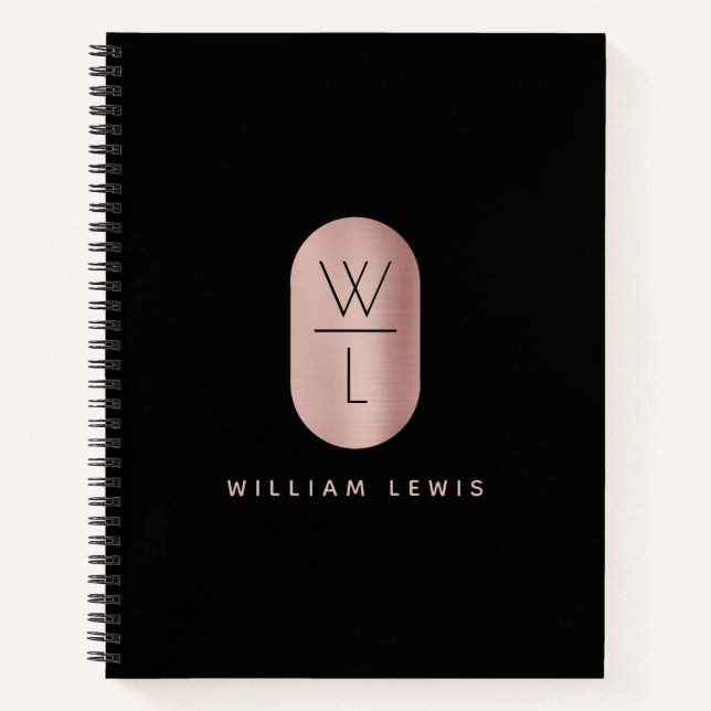 Rose Gold & Black Monogram Modern Minimalist Notebook (Front)