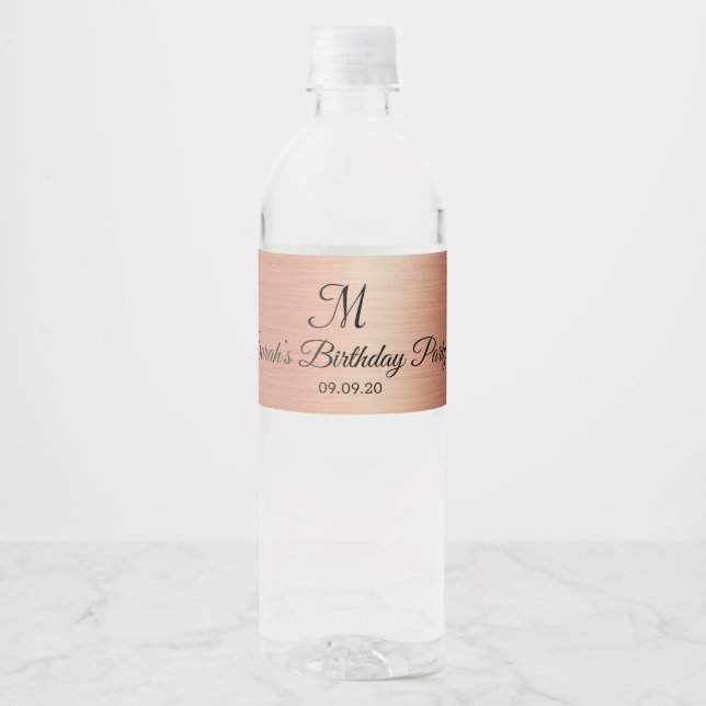 Rose Gold Black Monogram Wedding Birthday Water Bottle Label (Front)