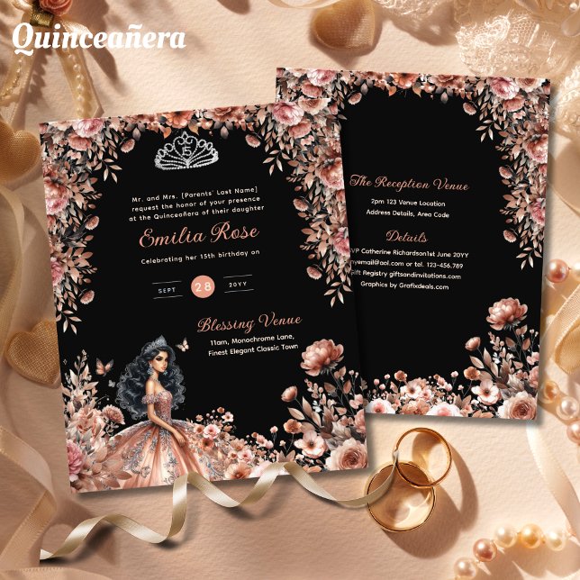 Rose Gold Black Quinceanera Dress Floral Roses (Creator Uploaded)