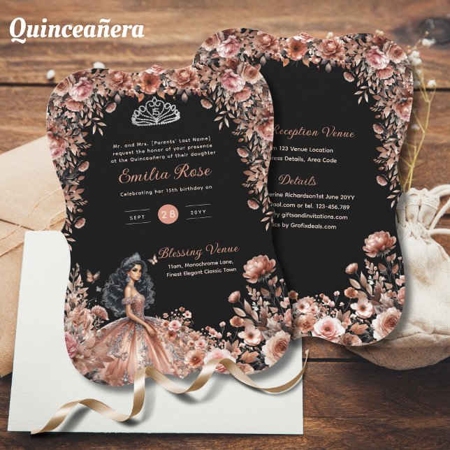 Rose Gold Black Quinceanera Dress Floral Roses Invitation (Creator Uploaded)