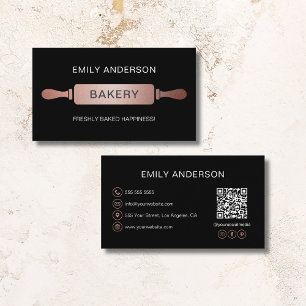 Rose Gold Black Rolling Pin Bakery QR Code Business Card