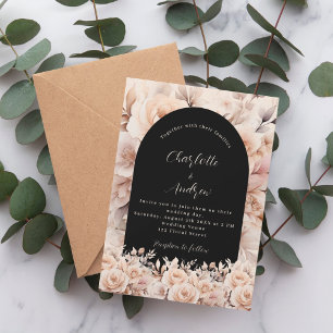 Rose gold black roses floral arch luxury wedding invitation