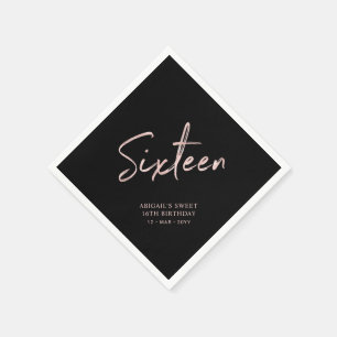 Rose gold Black Sixteen Sweet 16th Birthday Party Napkin