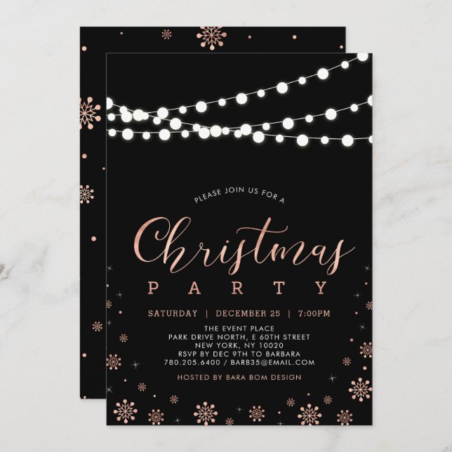 Rose Gold & Black | String Lights Christmas Party Invitation (Front/Back)
