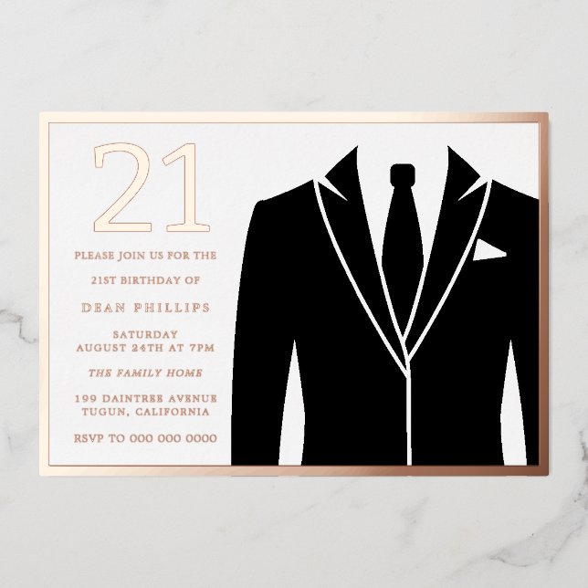 Rose Gold & Black Suit & Tie 21st Birthday Party (Front)