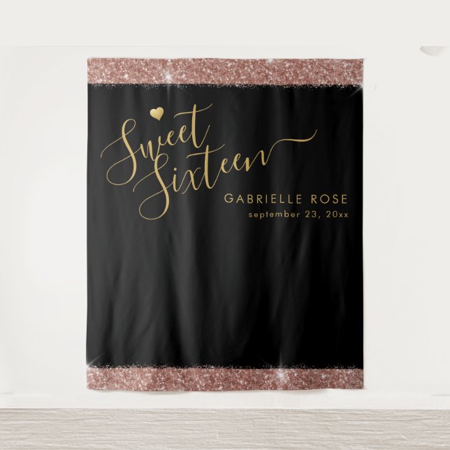 Rose Gold Black Sweet 16 Glitter Confetti Backdrop Tapestry (Front)