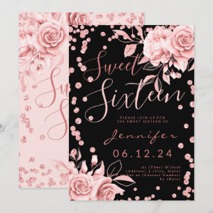 Rose Gold Black Sweet 16 Glitter Confetti Floral Invitation