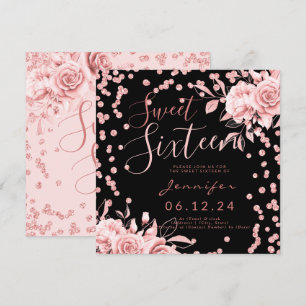 Rose Gold Black Sweet 16 Glitter Confetti Floral Invitation