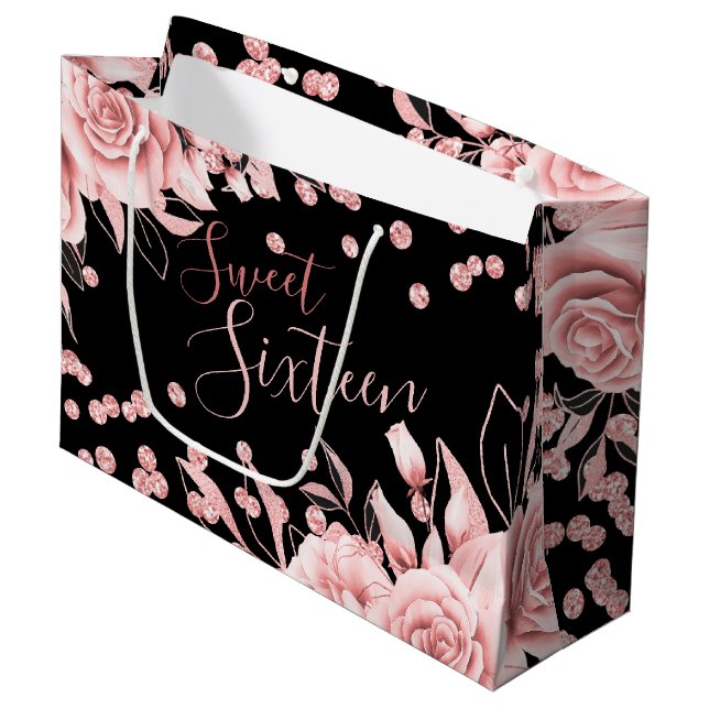 Rose Gold Black Sweet 16 Glitter Confetti Floral Large Gift Bag (Front Angled)