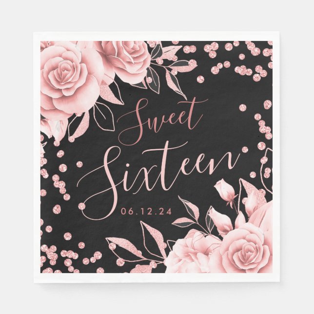 Rose Gold Black Sweet 16 Glitter Confetti Floral Napkin (Front)