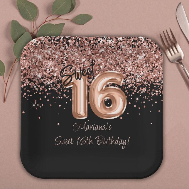 Rose Gold Black Sweet 16th Birthday Party Paper Plate (Creator Uploaded)